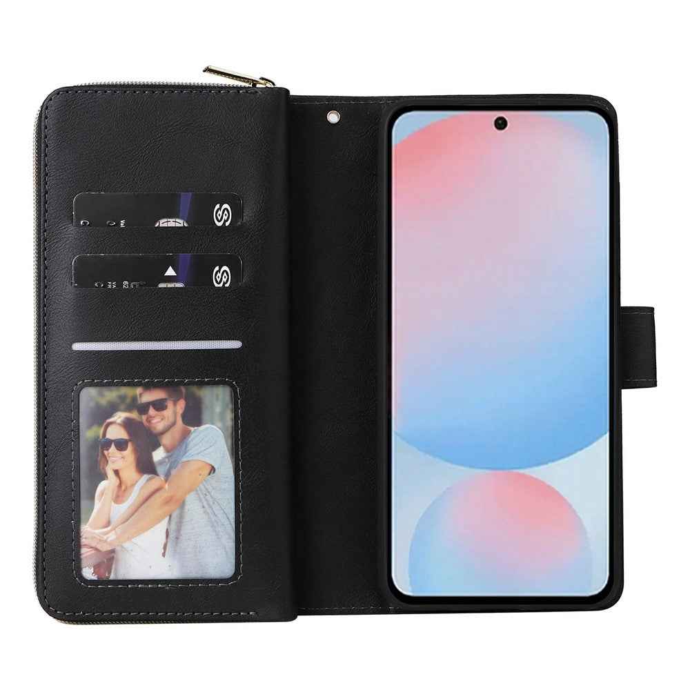For Samsung Galaxy A57 5G Case Zipper Pocket 9 Card Slots PU Leather Phone Cover with Hand Strap - Black