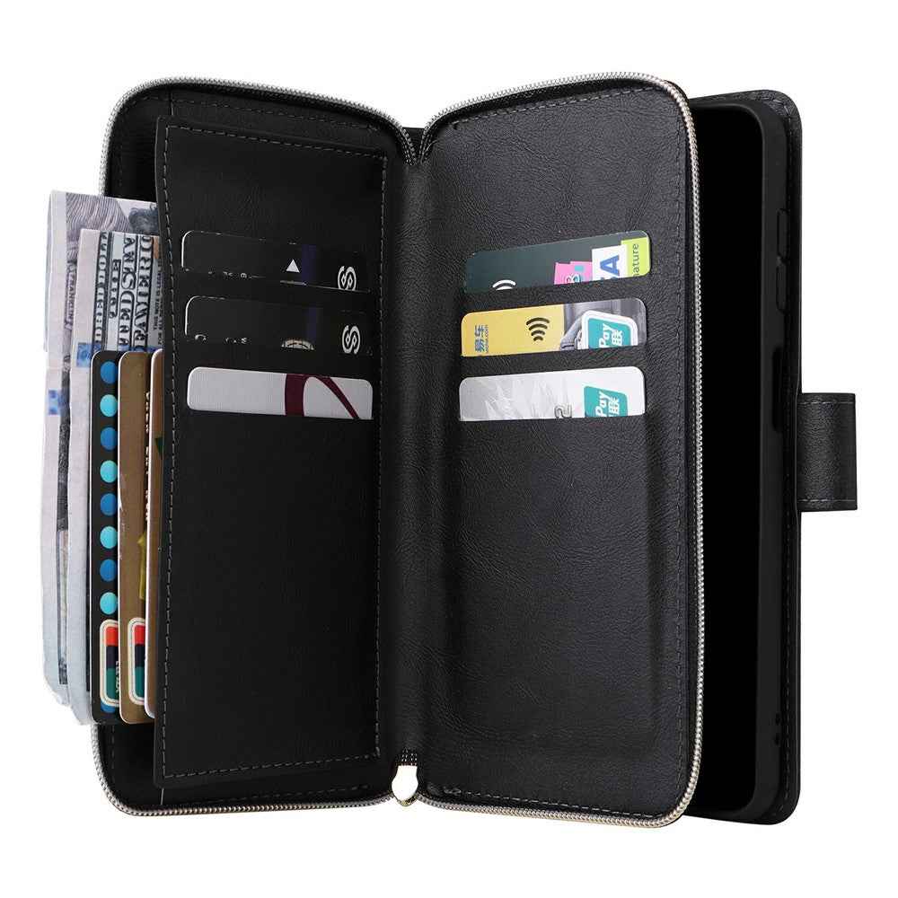 For Samsung Galaxy A57 5G Case Zipper Pocket 9 Card Slots PU Leather Phone Cover with Hand Strap - Black