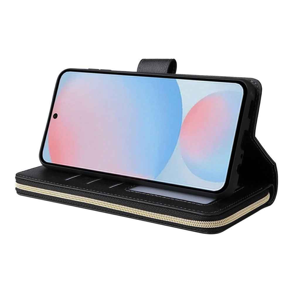 For Samsung Galaxy A57 5G Case Zipper Pocket 9 Card Slots PU Leather Phone Cover with Hand Strap - Black