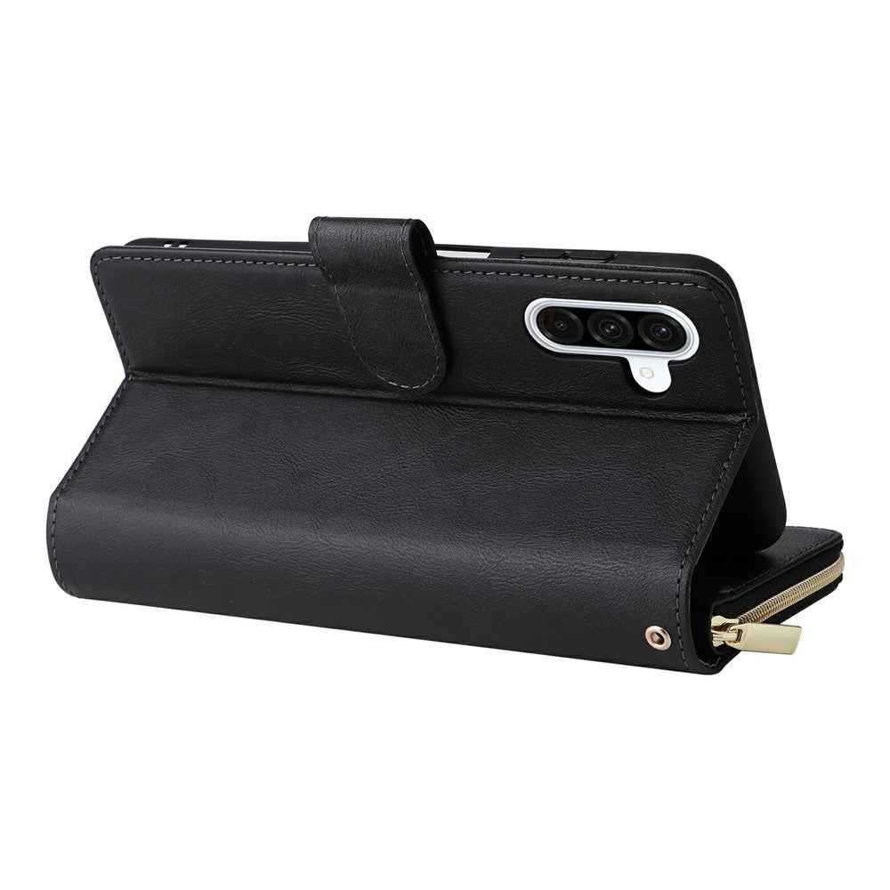 For Samsung Galaxy A57 5G Case Zipper Pocket 9 Card Slots PU Leather Phone Cover with Hand Strap - Black