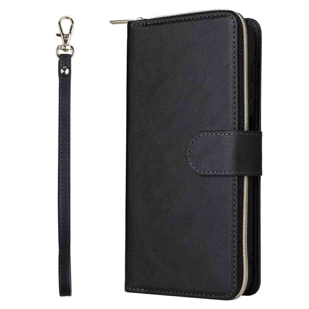 For Samsung Galaxy A57 5G Case Zipper Pocket 9 Card Slots PU Leather Phone Cover with Hand Strap - Black