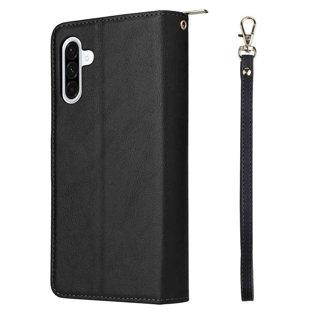 For Samsung Galaxy A57 5G Case Zipper Pocket 9 Card Slots PU Leather Phone Cover with Hand Strap - Black