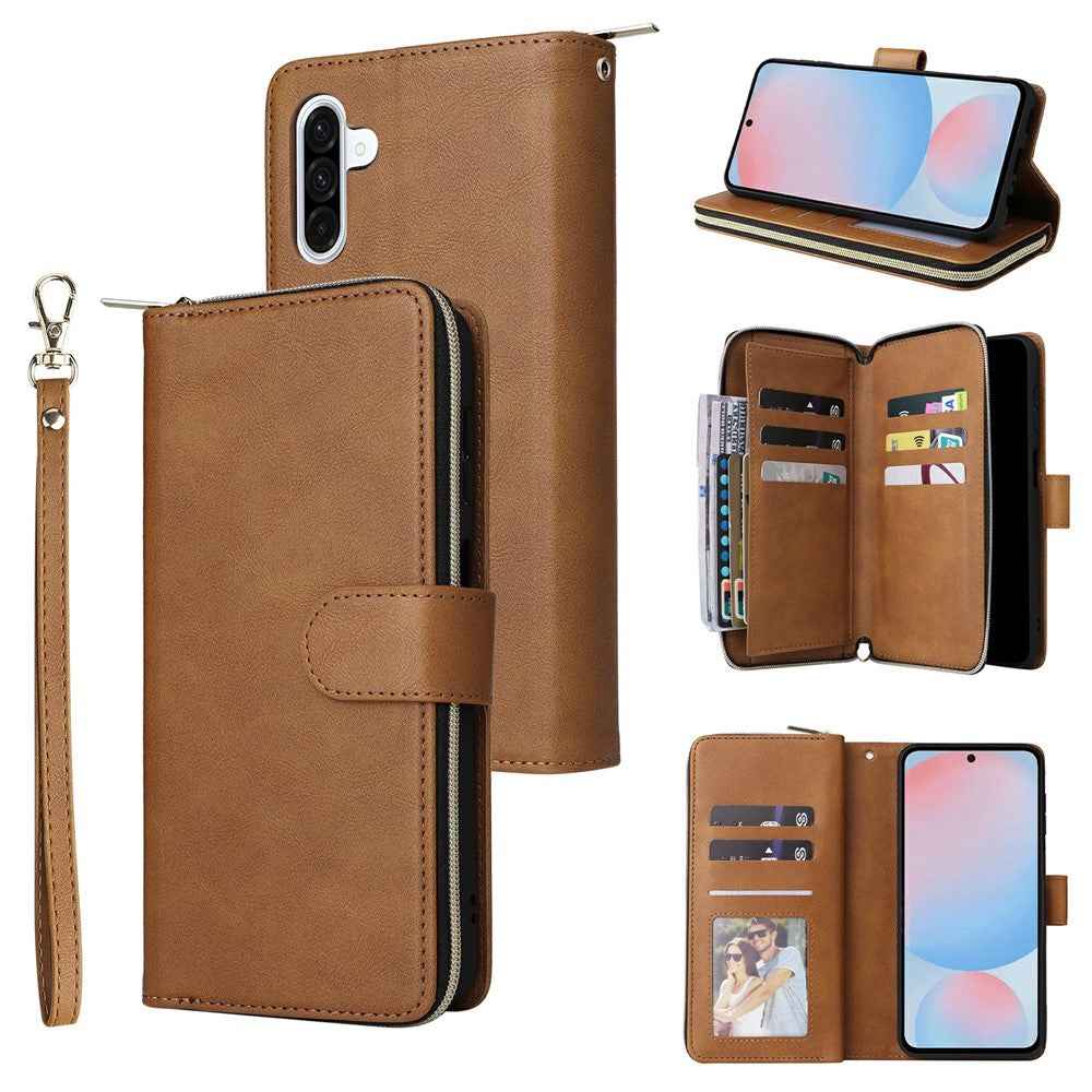 For Samsung Galaxy A57 5G Case Zipper Pocket 9 Card Slots PU Leather Phone Cover with Hand Strap - Brown