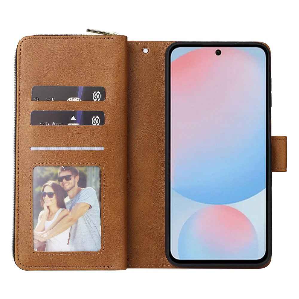 For Samsung Galaxy A57 5G Case Zipper Pocket 9 Card Slots PU Leather Phone Cover with Hand Strap - Brown