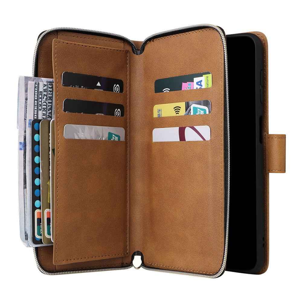 For Samsung Galaxy A57 5G Case Zipper Pocket 9 Card Slots PU Leather Phone Cover with Hand Strap - Brown