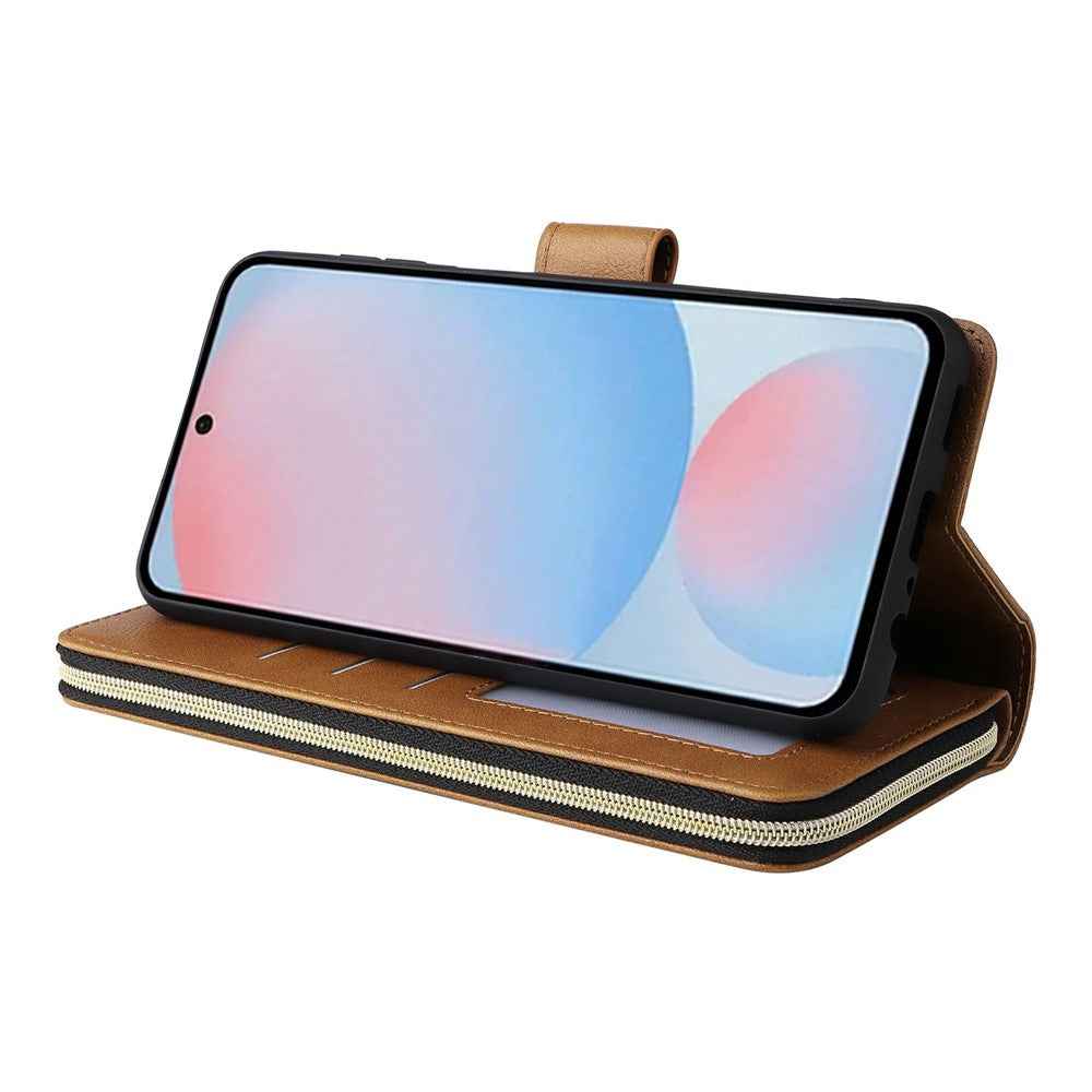 For Samsung Galaxy A57 5G Case Zipper Pocket 9 Card Slots PU Leather Phone Cover with Hand Strap - Brown
