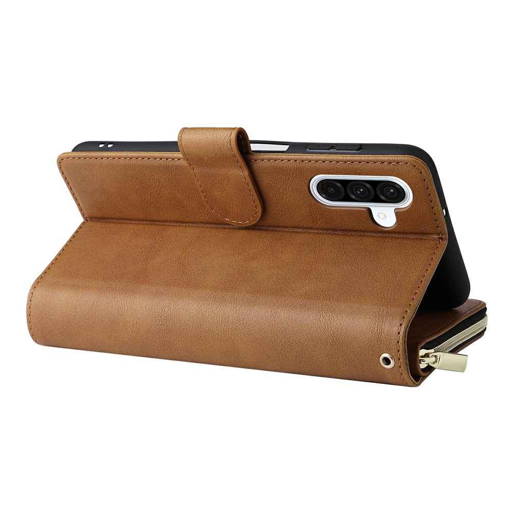 For Samsung Galaxy A57 5G Case Zipper Pocket 9 Card Slots PU Leather Phone Cover with Hand Strap - Brown