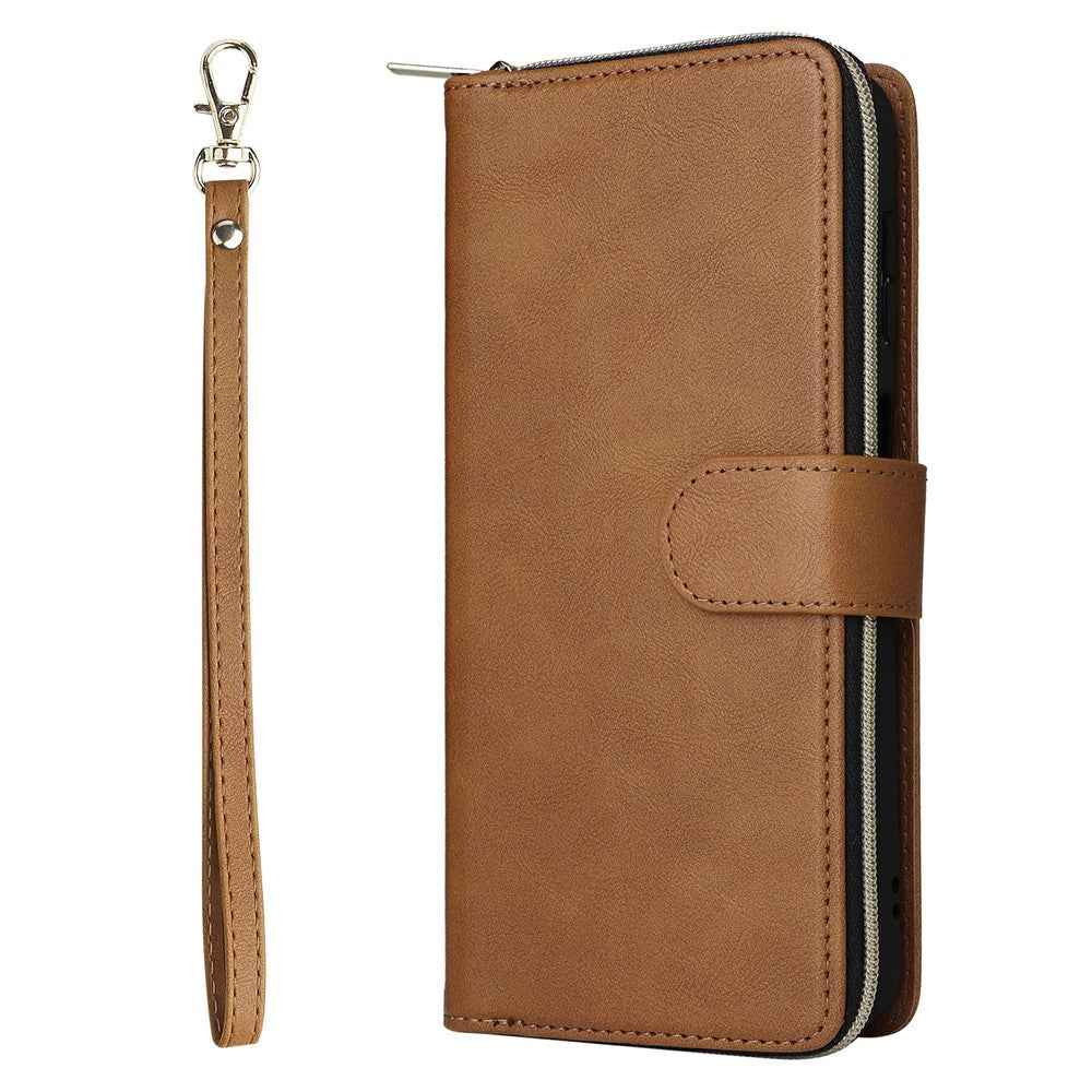 For Samsung Galaxy A57 5G Case Zipper Pocket 9 Card Slots PU Leather Phone Cover with Hand Strap - Brown