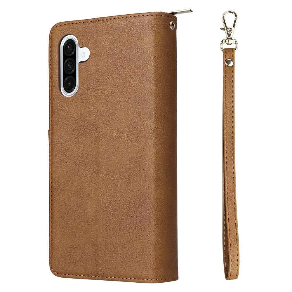 For Samsung Galaxy A57 5G Case Zipper Pocket 9 Card Slots PU Leather Phone Cover with Hand Strap - Brown
