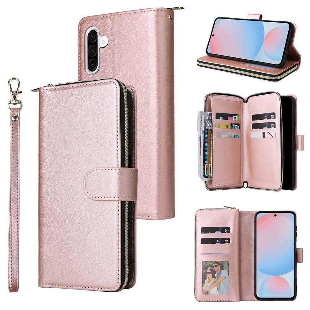 For Samsung Galaxy A57 5G Case Zipper Pocket 9 Card Slots PU Leather Phone Cover with Hand Strap - Rose Gold