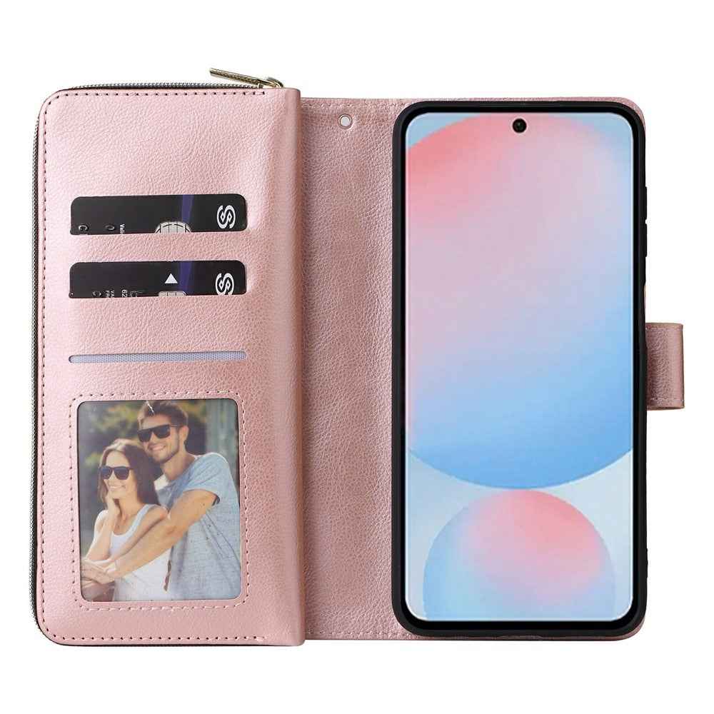 For Samsung Galaxy A57 5G Case Zipper Pocket 9 Card Slots PU Leather Phone Cover with Hand Strap - Rose Gold