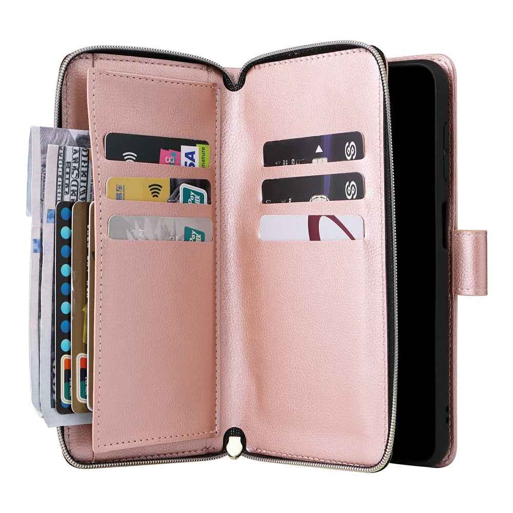 For Samsung Galaxy A57 5G Case Zipper Pocket 9 Card Slots PU Leather Phone Cover with Hand Strap - Rose Gold