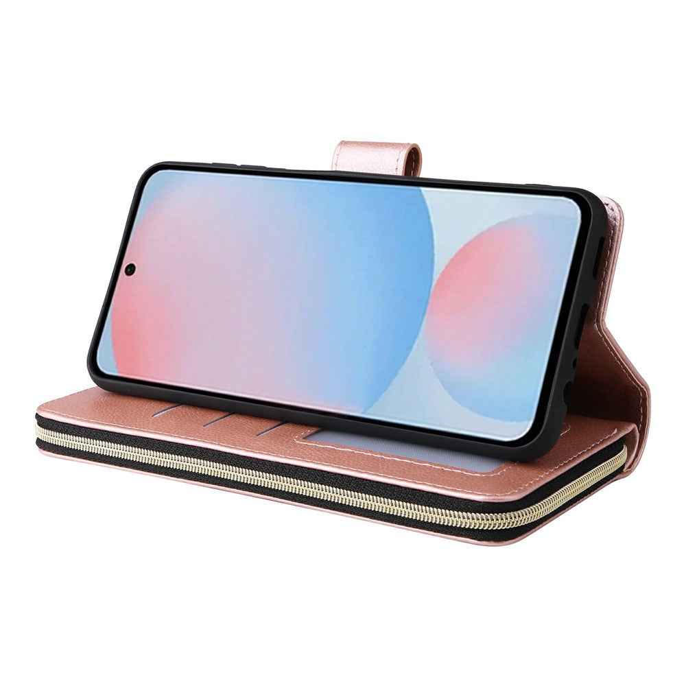 For Samsung Galaxy A57 5G Case Zipper Pocket 9 Card Slots PU Leather Phone Cover with Hand Strap - Rose Gold