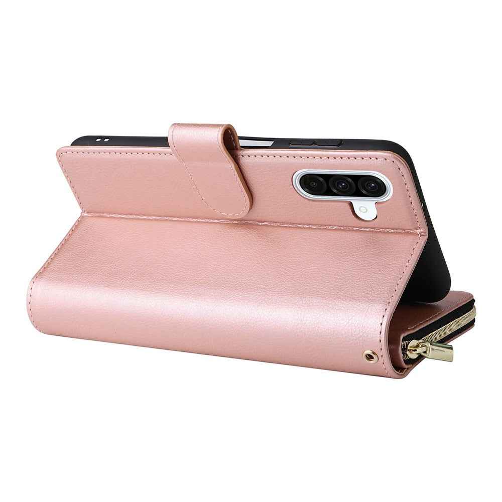 For Samsung Galaxy A57 5G Case Zipper Pocket 9 Card Slots PU Leather Phone Cover with Hand Strap - Rose Gold