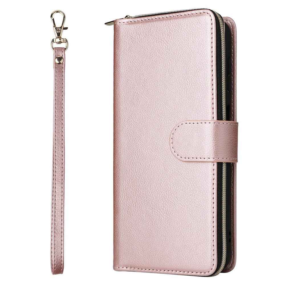 For Samsung Galaxy A57 5G Case Zipper Pocket 9 Card Slots PU Leather Phone Cover with Hand Strap - Rose Gold