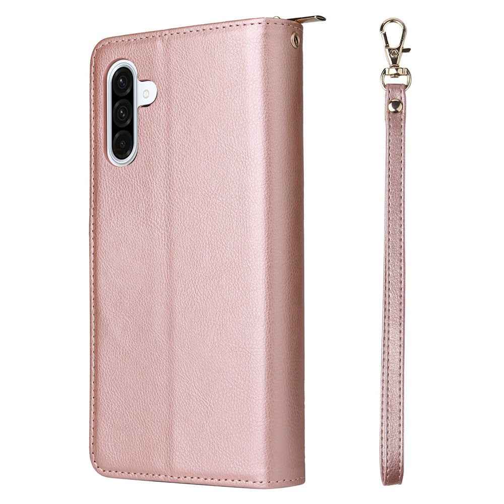 For Samsung Galaxy A57 5G Case Zipper Pocket 9 Card Slots PU Leather Phone Cover with Hand Strap - Rose Gold