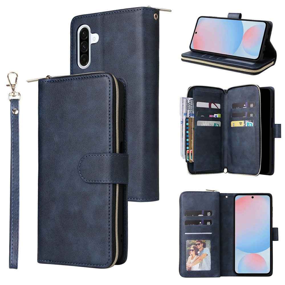 For Samsung Galaxy A57 5G Case Zipper Pocket 9 Card Slots PU Leather Phone Cover with Hand Strap - Blue