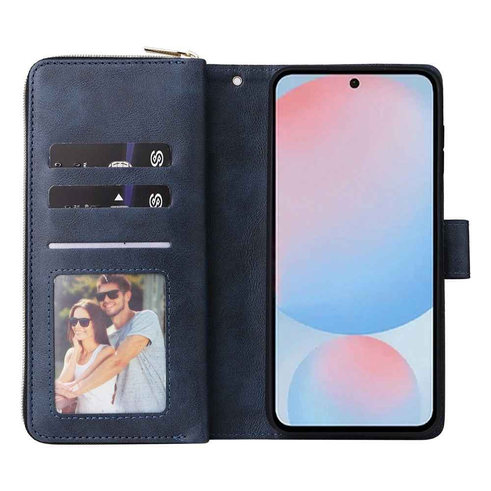 For Samsung Galaxy A57 5G Case Zipper Pocket 9 Card Slots PU Leather Phone Cover with Hand Strap - Blue