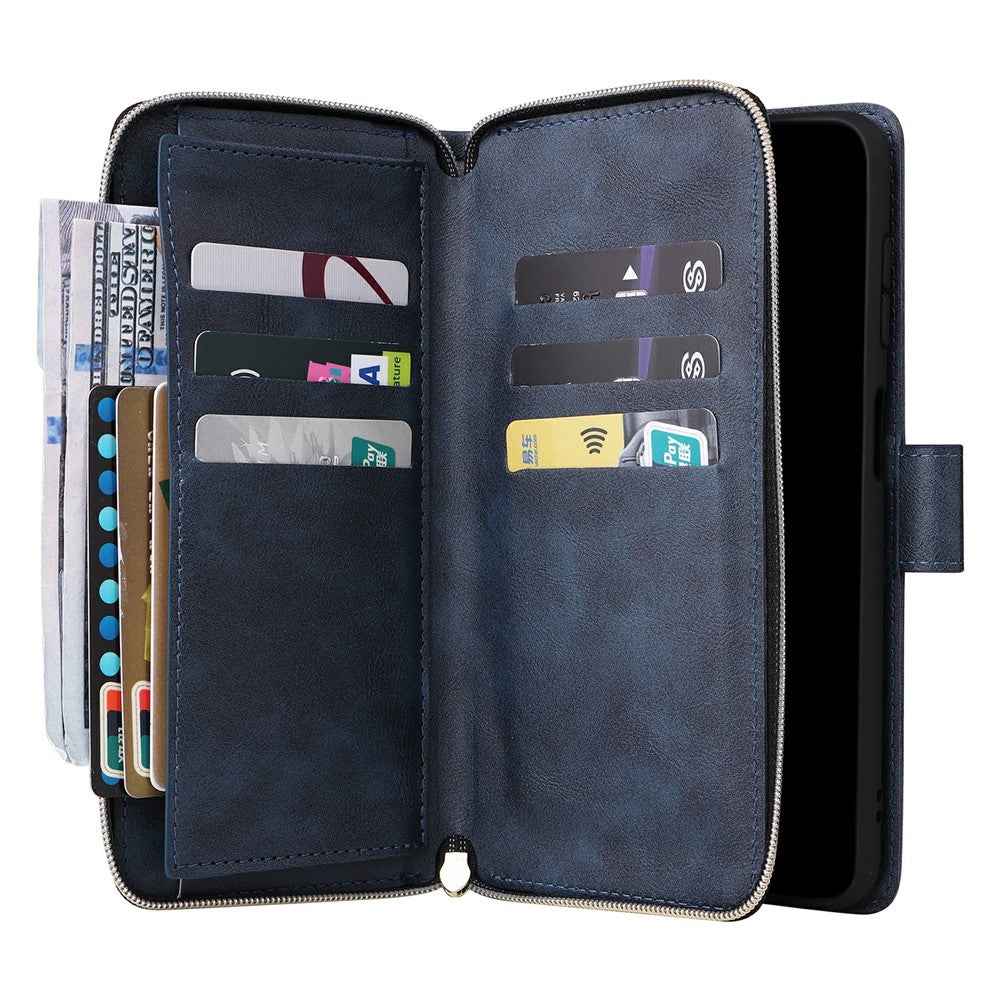For Samsung Galaxy A57 5G Case Zipper Pocket 9 Card Slots PU Leather Phone Cover with Hand Strap - Blue