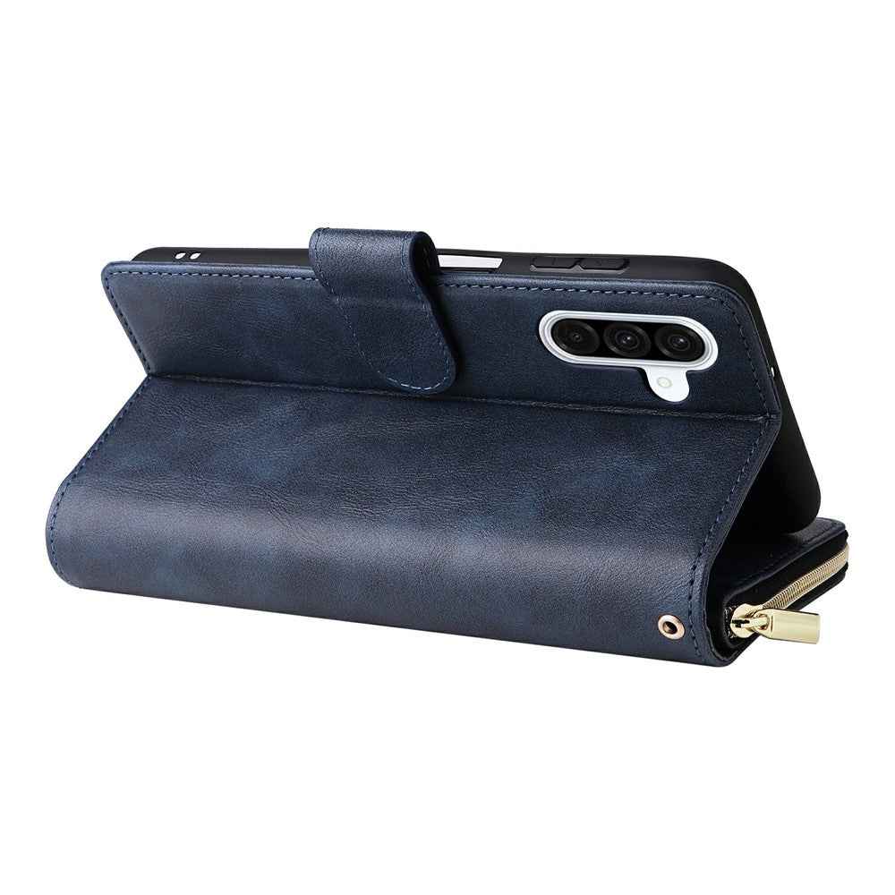 For Samsung Galaxy A57 5G Case Zipper Pocket 9 Card Slots PU Leather Phone Cover with Hand Strap - Blue