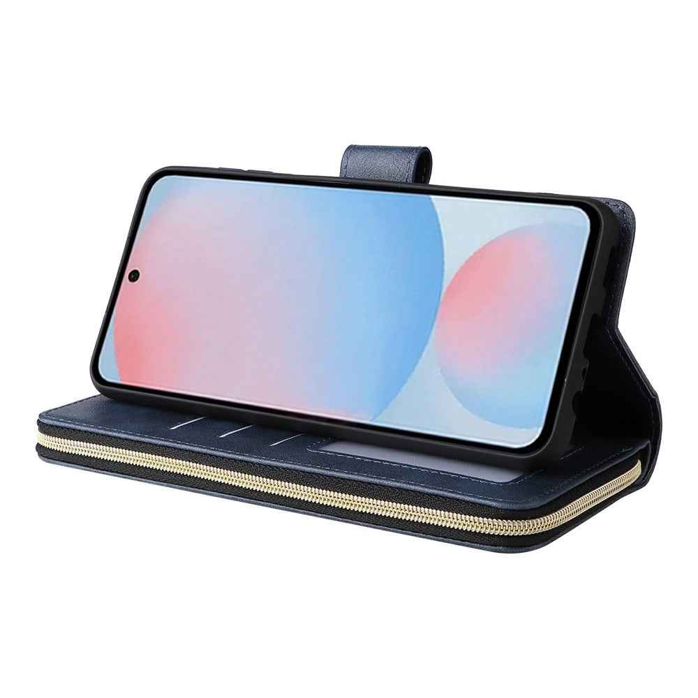 For Samsung Galaxy A57 5G Case Zipper Pocket 9 Card Slots PU Leather Phone Cover with Hand Strap - Blue
