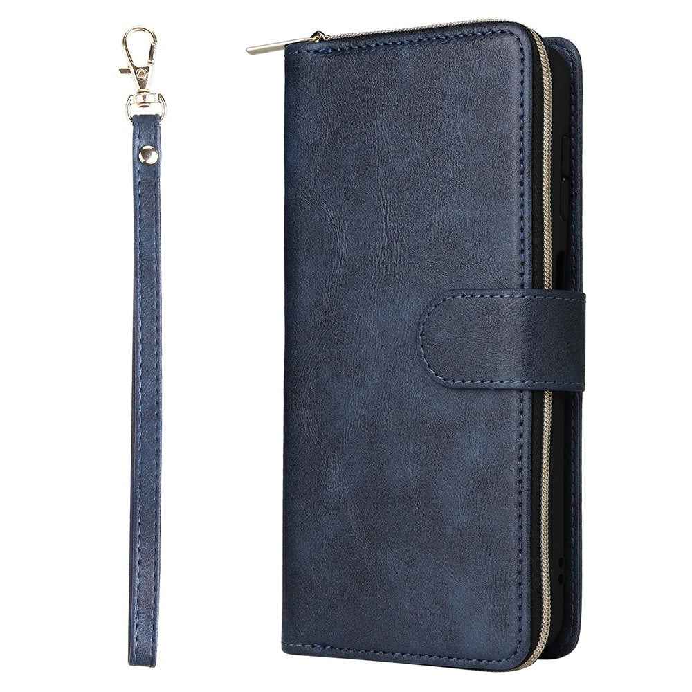 For Samsung Galaxy A57 5G Case Zipper Pocket 9 Card Slots PU Leather Phone Cover with Hand Strap - Blue