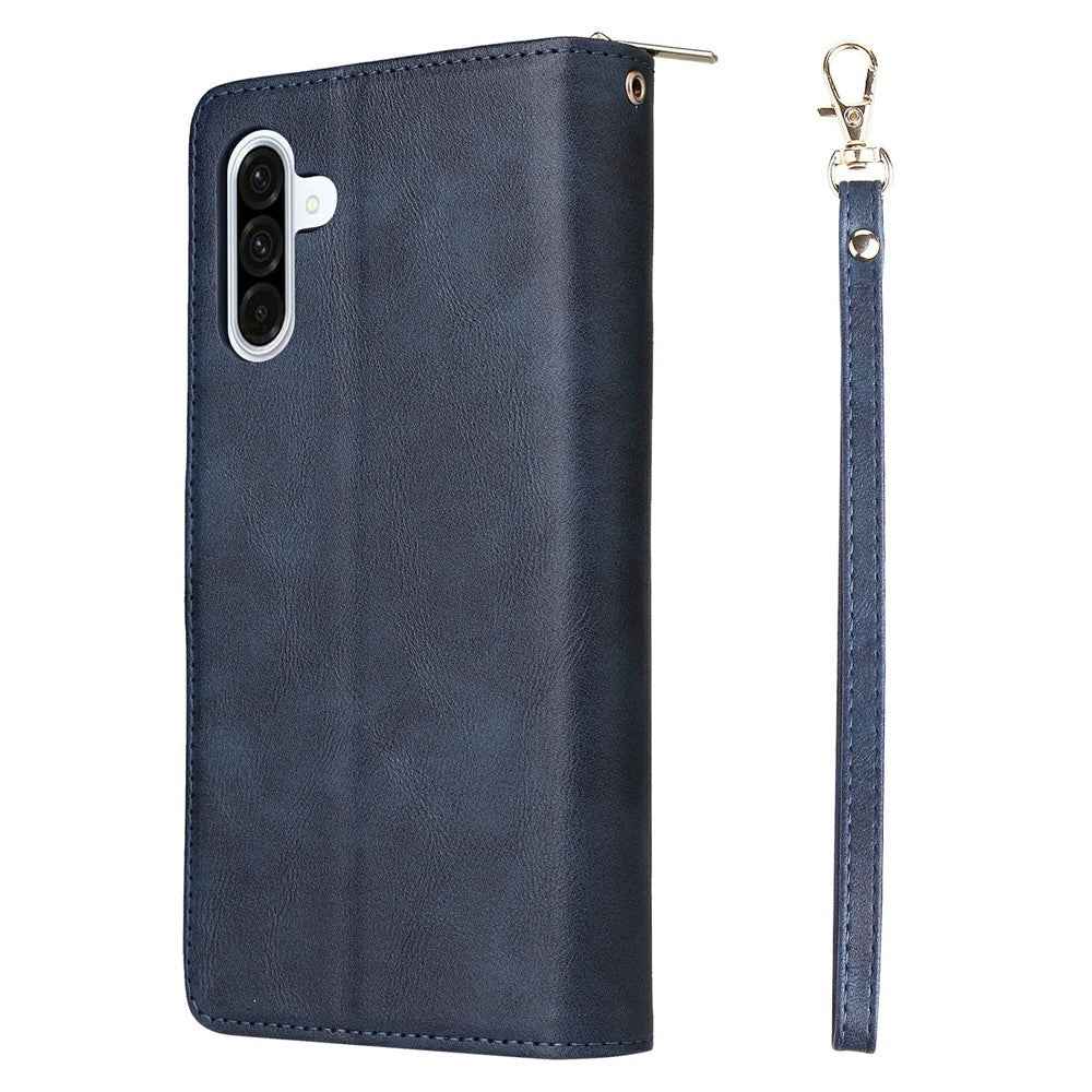 For Samsung Galaxy A57 5G Case Zipper Pocket 9 Card Slots PU Leather Phone Cover with Hand Strap - Blue