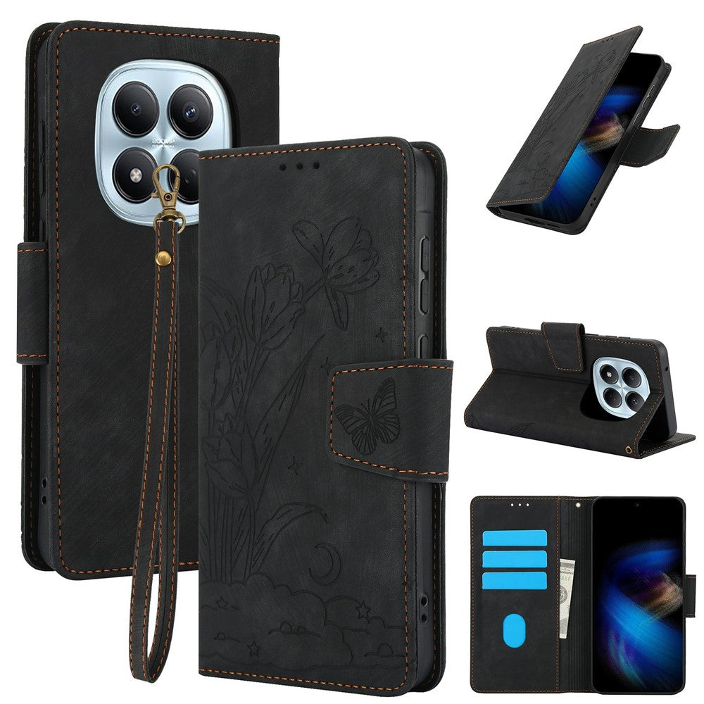 For Xiaomi Redmi Note 15 Pro 5G (Global) Case Flower Butterfly Wallet Leather Phone Cover with Hand Strap - Black