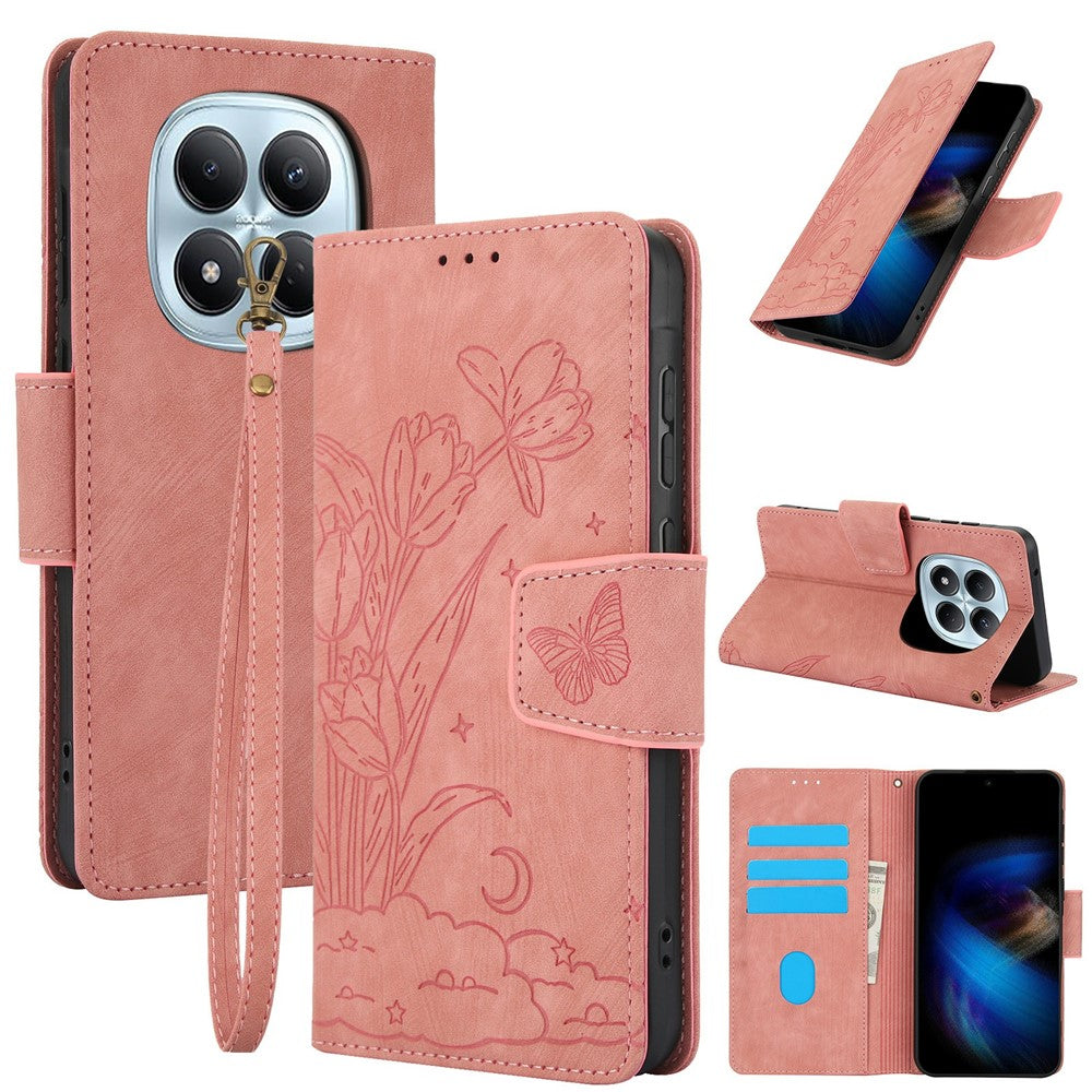 For Xiaomi Poco M8 Pro 5G / Redmi Note 15 Pro+ 5G (Global) Case Flower Butterfly Wallet Leather Phone Cover with Hand Strap - Pink