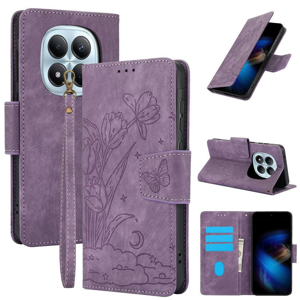 For Xiaomi Poco M8 Pro 5G / Redmi Note 15 Pro+ 5G (Global) Case Flower Butterfly Wallet Leather Phone Cover with Hand Strap - Purple