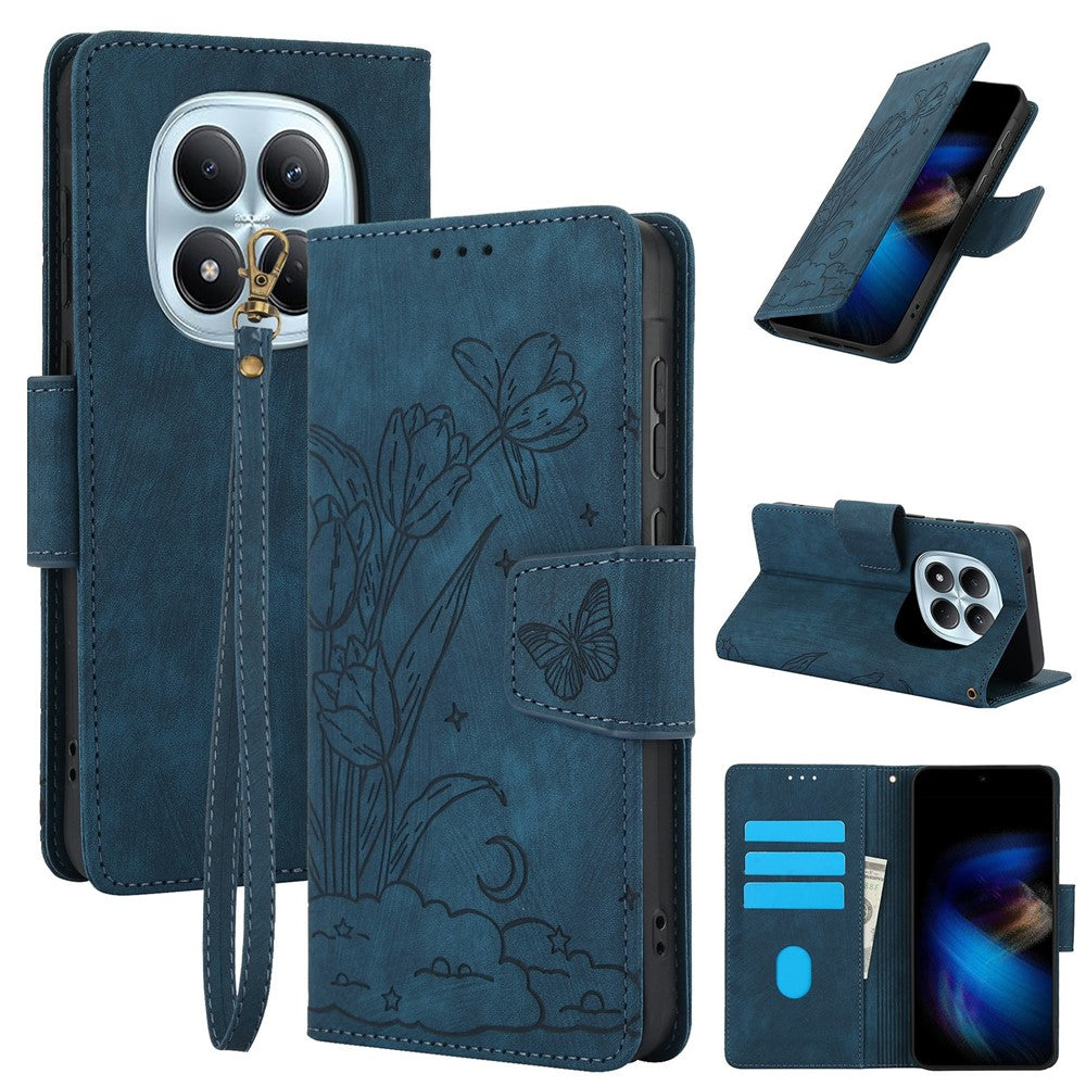 For Xiaomi Poco M8 5G / Redmi Note 15 5G (Global) / 15 4G (Global) Case Flower Butterfly Wallet Leather Phone Cover with Hand Strap - Blue