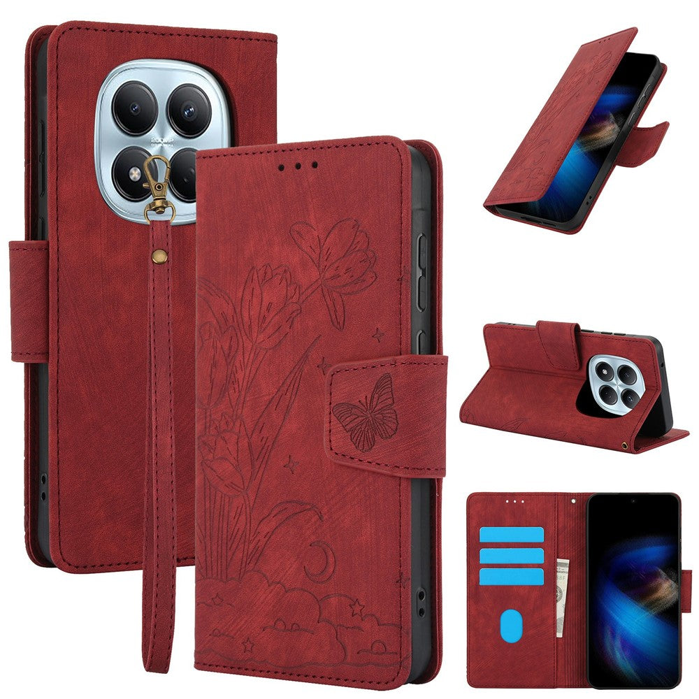 For Xiaomi Poco M8 5G / Redmi Note 15 5G (Global) / 15 4G (Global) Case Flower Butterfly Wallet Leather Phone Cover with Hand Strap - Red