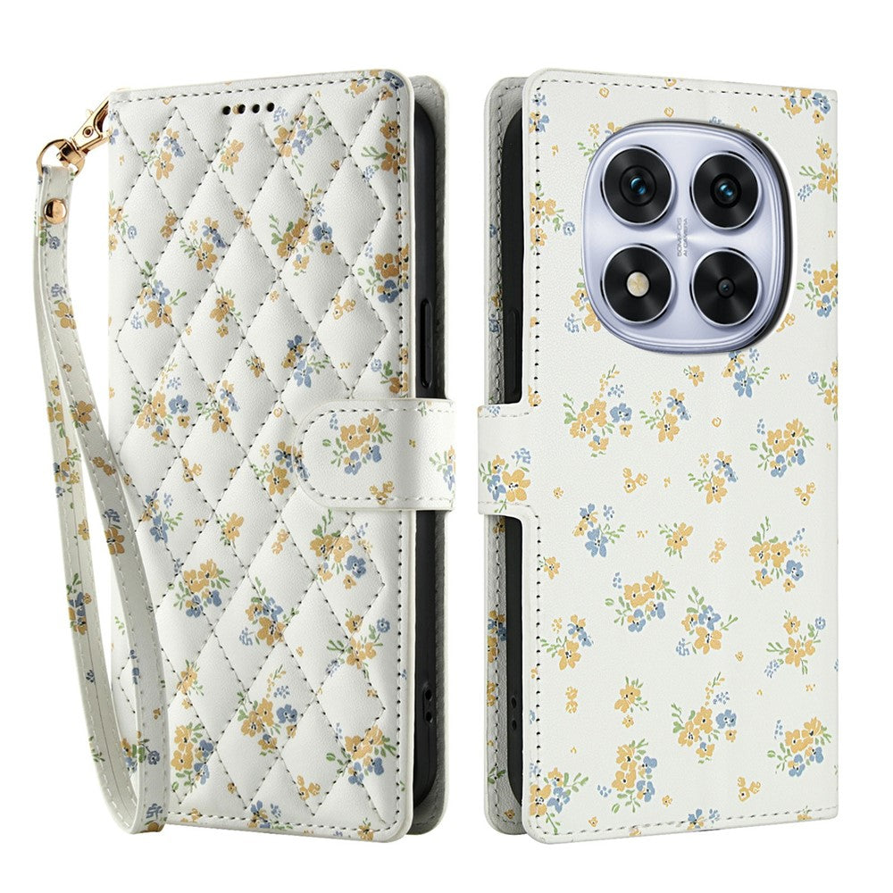 For Xiaomi Redmi Note 15 Pro 5G (Global) Wallet Case Rhombic Floral Design Leather Flip Phone Cover with Strap - A5