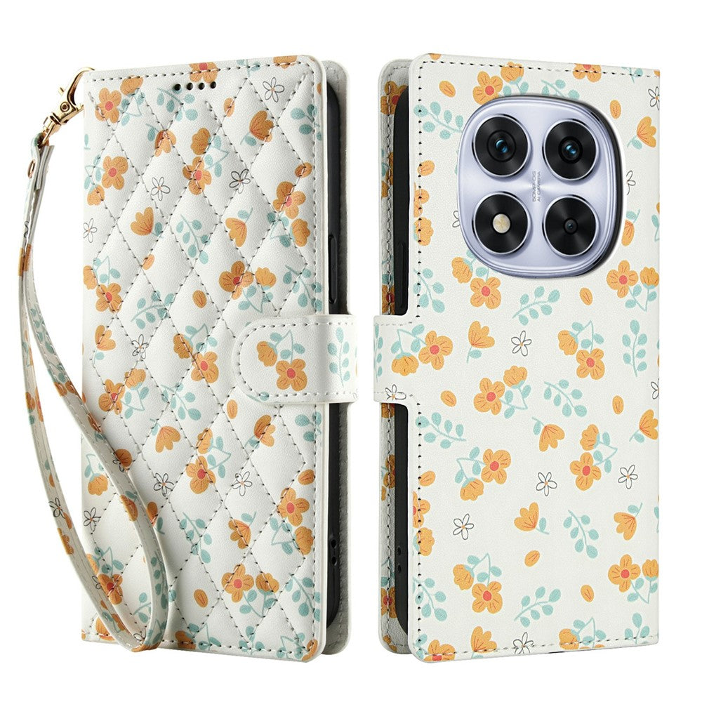 For Xiaomi Poco M8 Pro 5G / Redmi Note 15 Pro+ 5G (Global) Wallet Case Rhombic Floral Design Leather Flip Phone Cover with Strap - A3