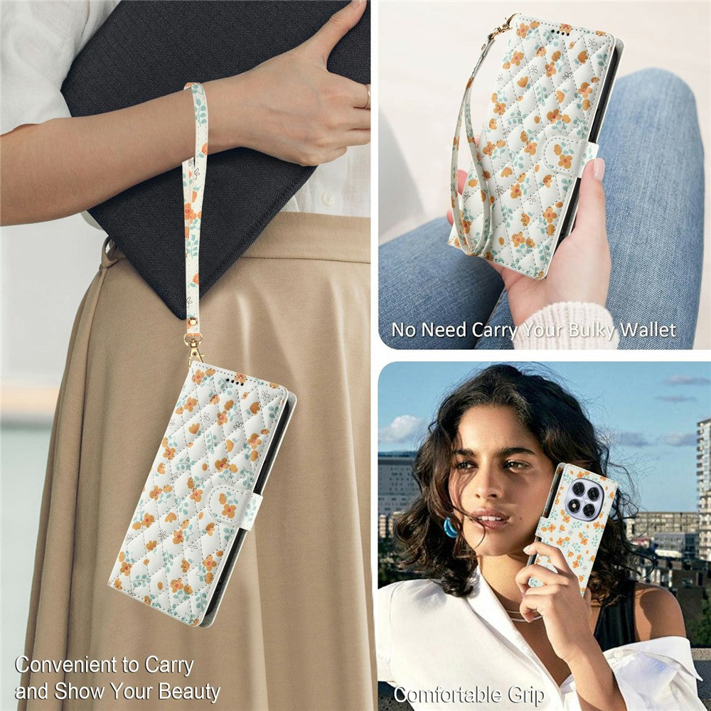 For Xiaomi Poco M8 Pro 5G / Redmi Note 15 Pro+ 5G (Global) Wallet Case Rhombic Floral Design Leather Flip Phone Cover with Strap - A3