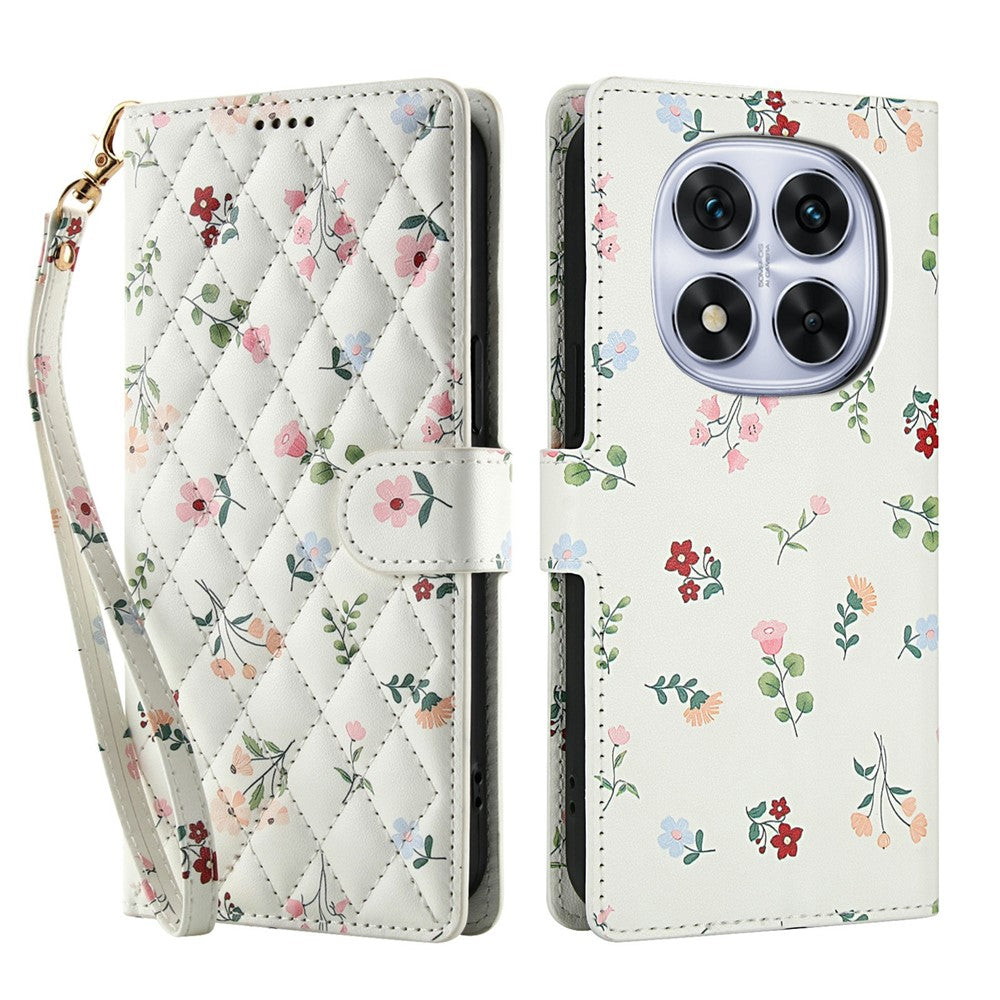 For Xiaomi Poco M8 Pro 5G / Redmi Note 15 Pro+ 5G (Global) Wallet Case Rhombic Floral Design Leather Flip Phone Cover with Strap - A1