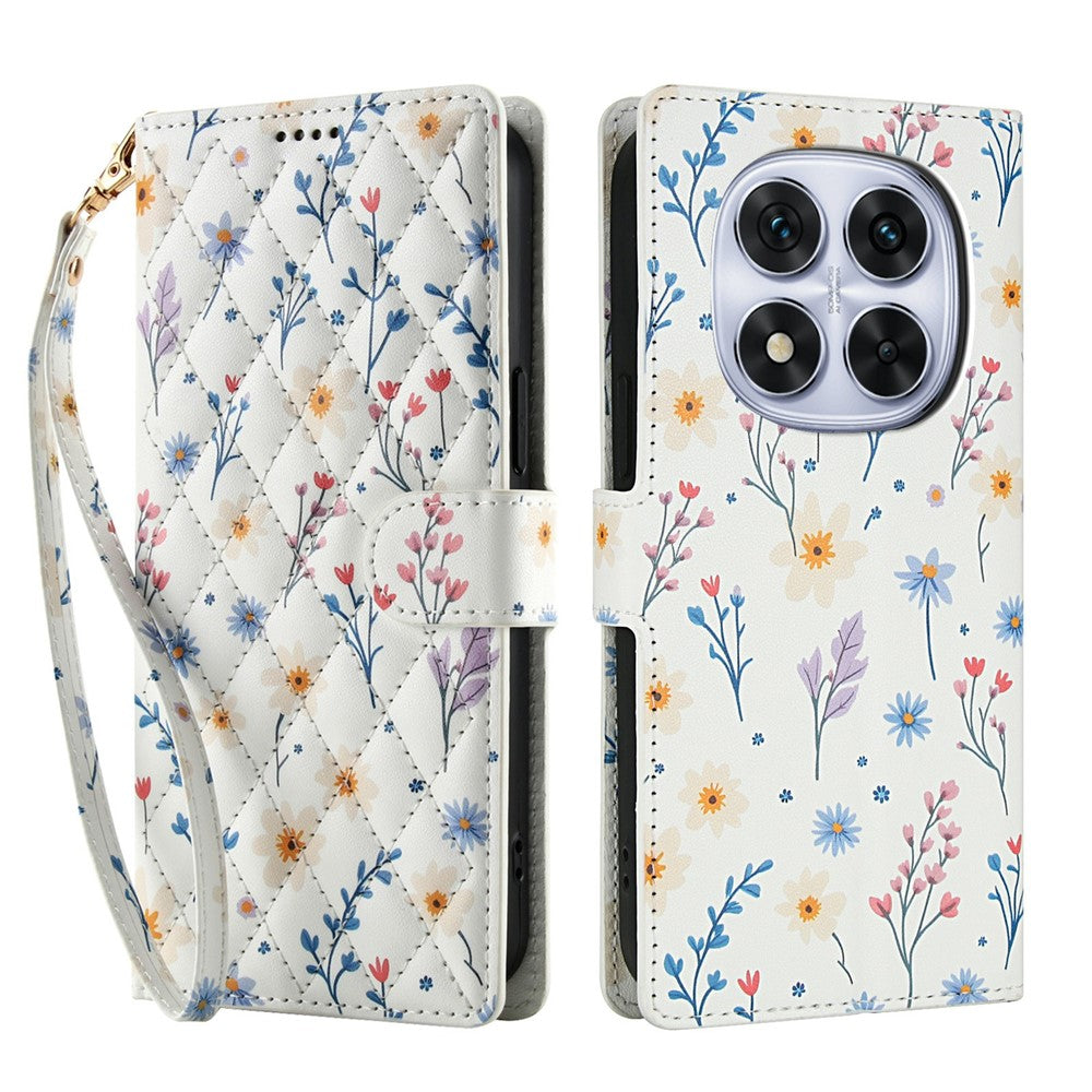 For Xiaomi Poco M8 Pro 5G / Redmi Note 15 Pro+ 5G (Global) Wallet Case Rhombic Floral Design Leather Flip Phone Cover with Strap - A2