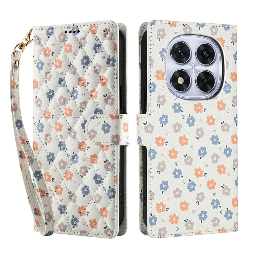 For Xiaomi Poco M8 Pro 5G / Redmi Note 15 Pro+ 5G (Global) Wallet Case Rhombic Floral Design Leather Flip Phone Cover with Strap - A4