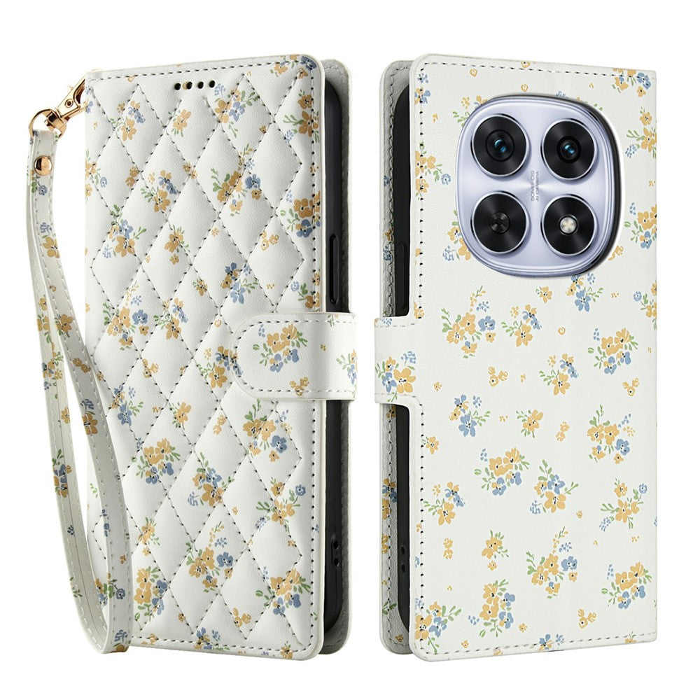 For Xiaomi Poco M8 5G / Redmi Note 15 5G (Global) / 15 4G (Global) Wallet Case Rhombic Floral Design Leather Flip Phone Cover with Strap - A5