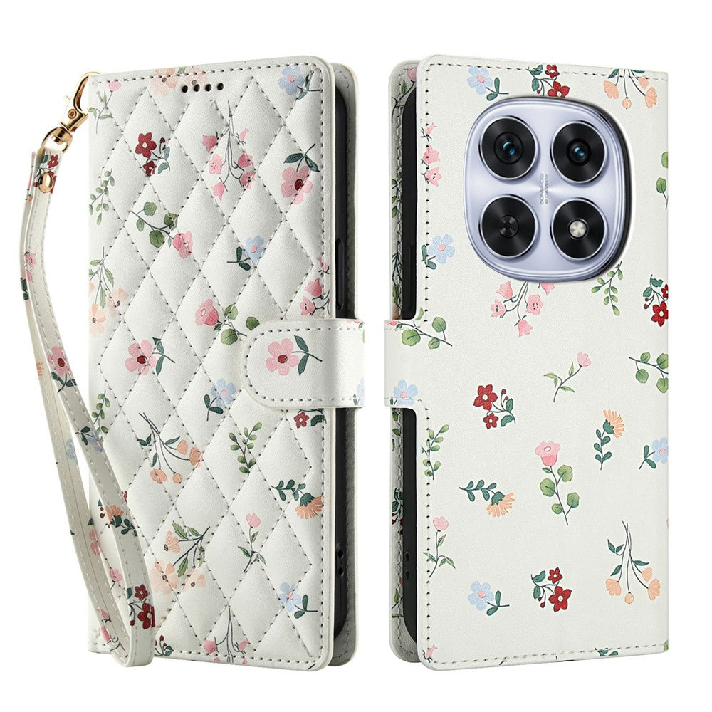 For Xiaomi Poco M8 5G / Redmi Note 15 5G (Global) / 15 4G (Global) Wallet Case Rhombic Floral Design Leather Flip Phone Cover with Strap - A1