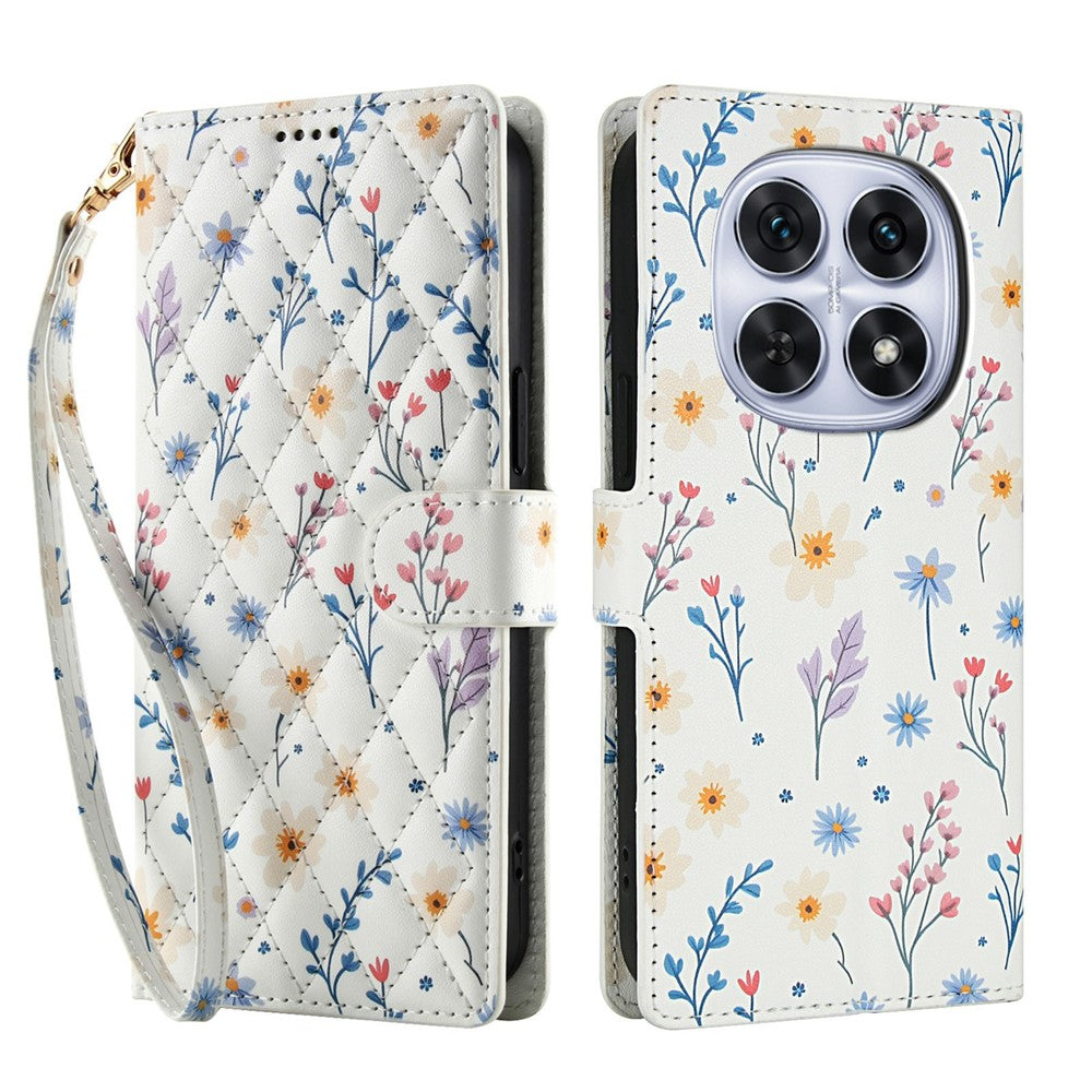 For Xiaomi Poco M8 5G / Redmi Note 15 5G (Global) / 15 4G (Global) Wallet Case Rhombic Floral Design Leather Flip Phone Cover with Strap - A2