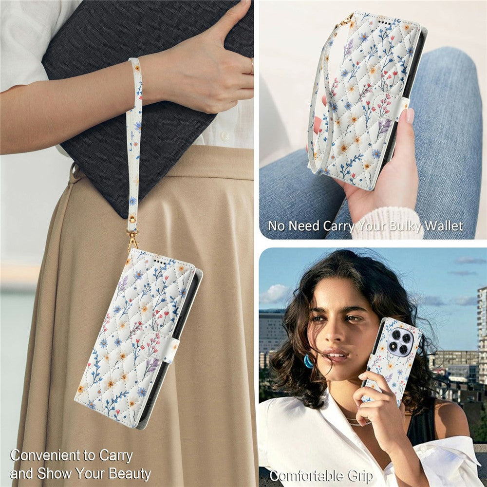 For Xiaomi Poco M8 5G / Redmi Note 15 5G (Global) / 15 4G (Global) Wallet Case Rhombic Floral Design Leather Flip Phone Cover with Strap - A2