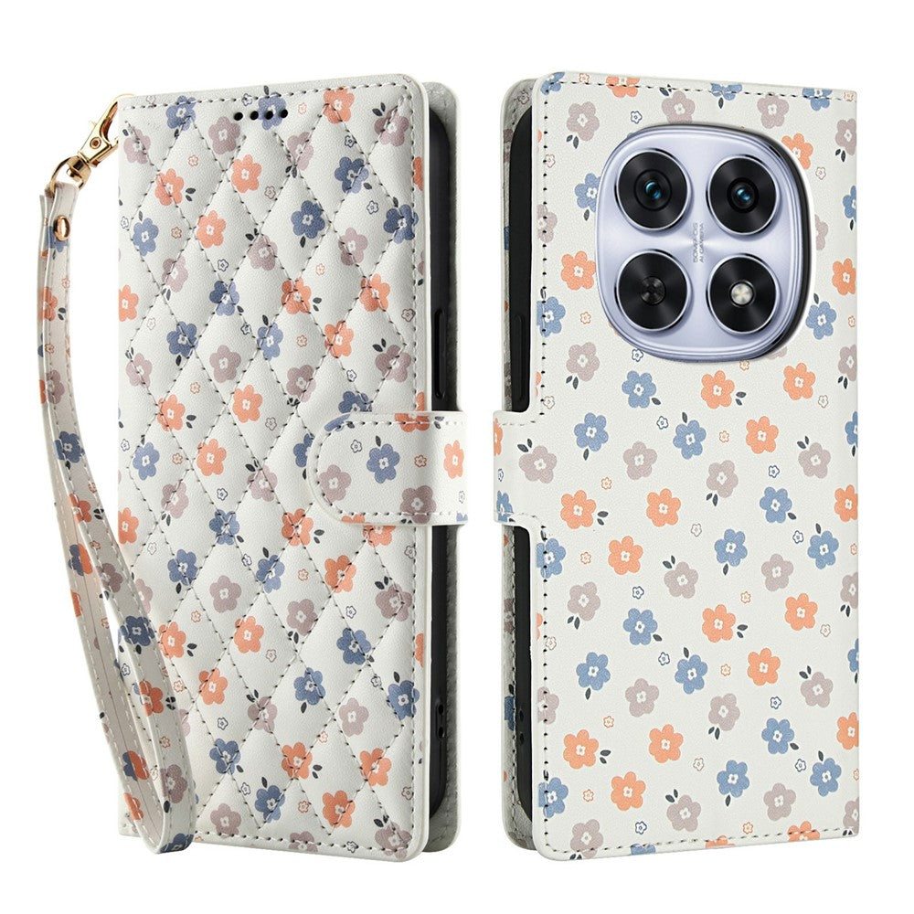 For Xiaomi Poco M8 5G / Redmi Note 15 5G (Global) / 15 4G (Global) Wallet Case Rhombic Floral Design Leather Flip Phone Cover with Strap - A4