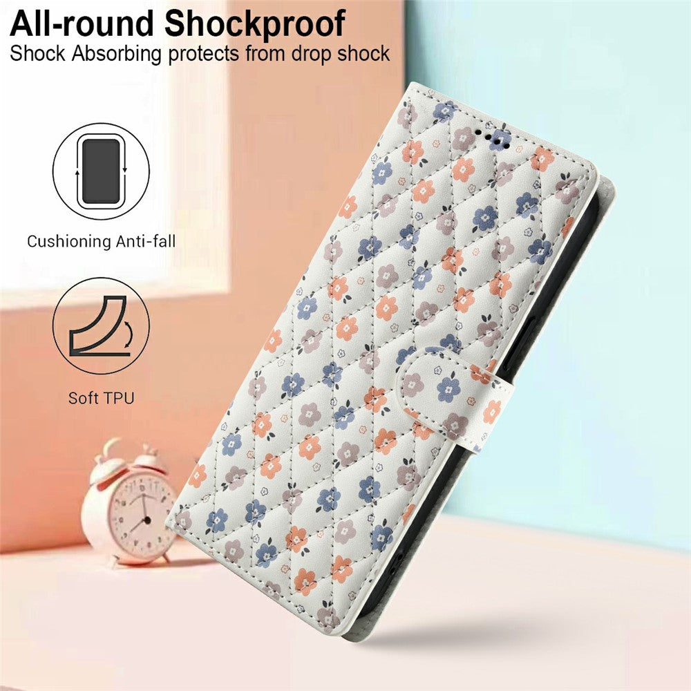 For Xiaomi Poco M8 5G / Redmi Note 15 5G (Global) / 15 4G (Global) Wallet Case Rhombic Floral Design Leather Flip Phone Cover with Strap - A4