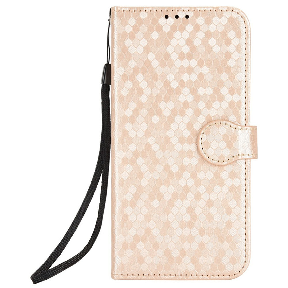 For Xiaomi Redmi Note 15 4G (Global) Wallet Case Dot Pattern Imprint PU Leather Phone Cover with Wrist Strap - Rose Gold