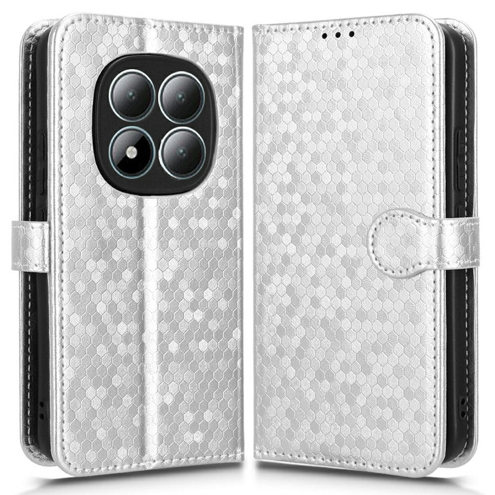 For Xiaomi Redmi Note 15 4G (Global) Wallet Case Dot Pattern Imprint PU Leather Phone Cover with Wrist Strap - Silver