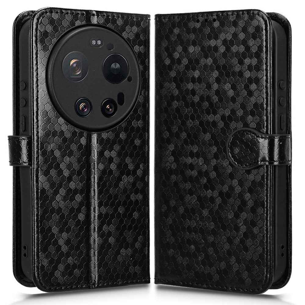 For Xiaomi 17 Ultra 5G Wallet Case Dot Pattern Imprint PU Leather Phone Cover with Wrist Strap - Black