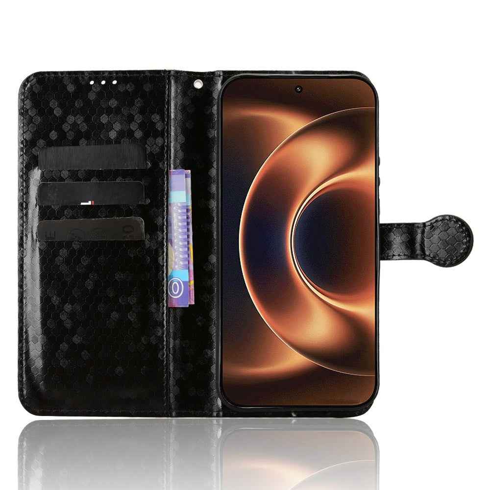 For Xiaomi 17 Ultra 5G Wallet Case Dot Pattern Imprint PU Leather Phone Cover with Wrist Strap - Black