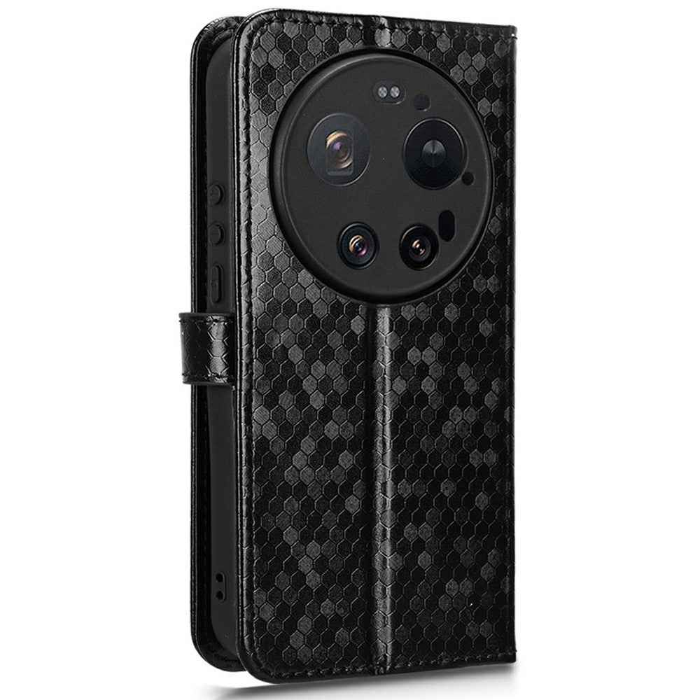 For Xiaomi 17 Ultra 5G Wallet Case Dot Pattern Imprint PU Leather Phone Cover with Wrist Strap - Black