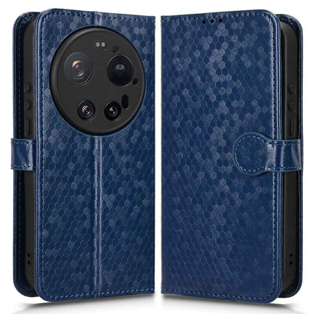 For Xiaomi 17 Ultra 5G Wallet Case Dot Pattern Imprint PU Leather Phone Cover with Wrist Strap - Dark Blue